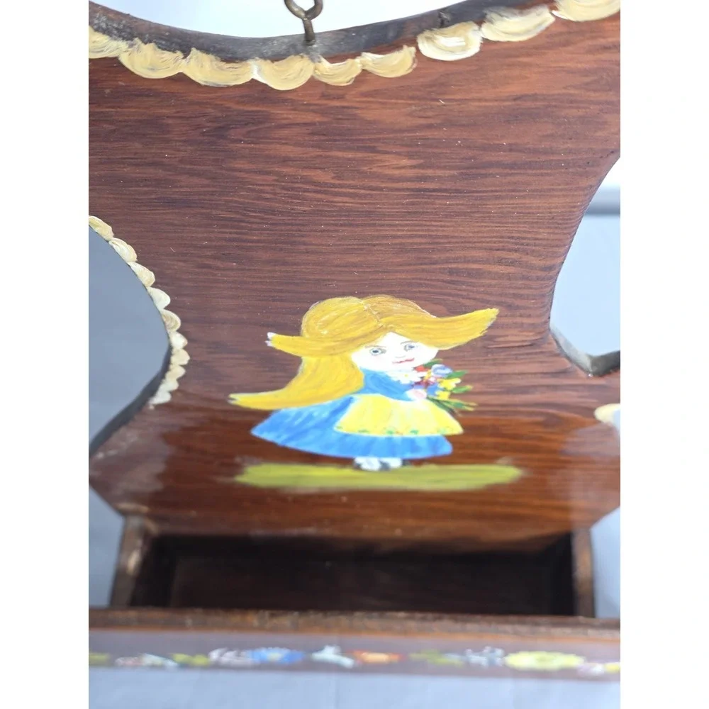 Vintage Hand Painted Wooden Wall Shelf Rack Folk Art Girl Floral Hanging Display